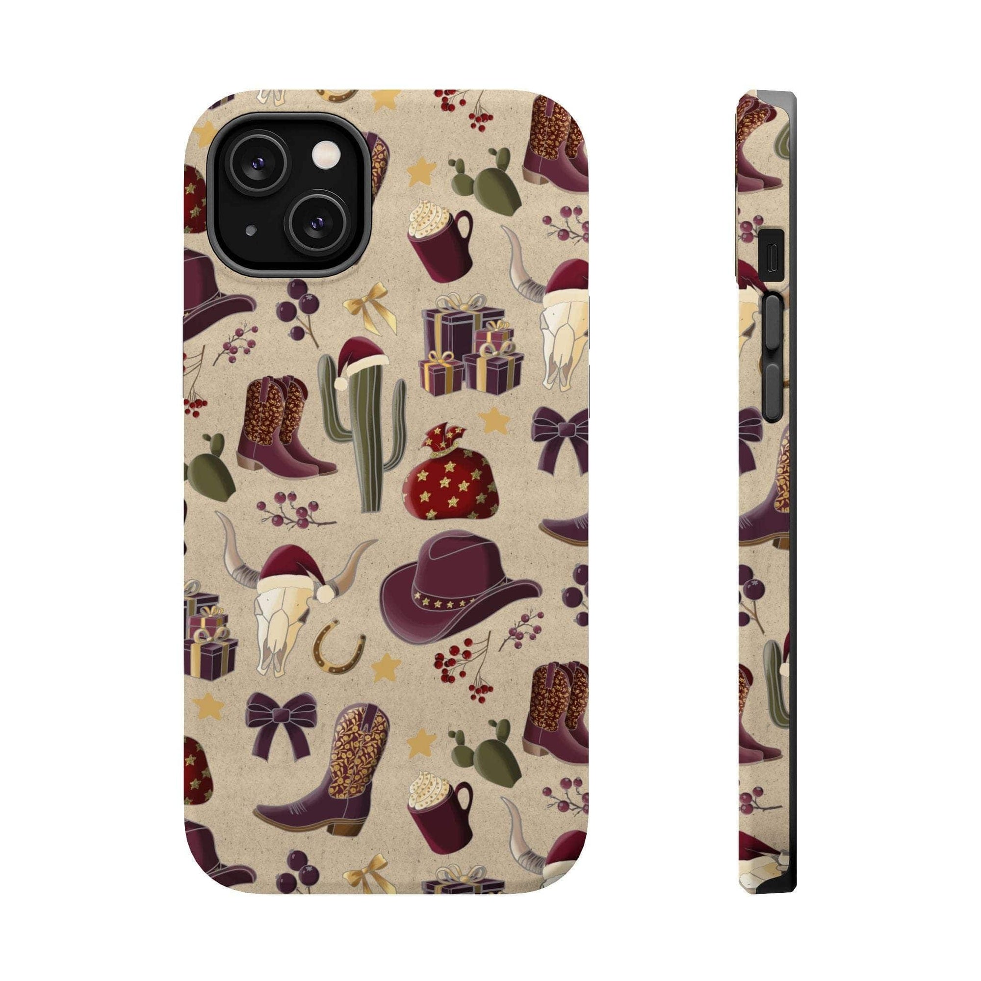 Cowboy Christmas design phone case for iPhone 17 in glossy finish by Printify, featuring festive colors and patterns.