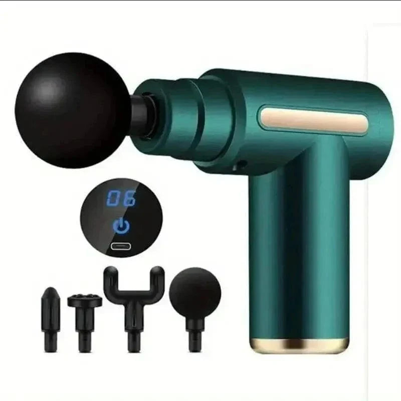 Electric vibration massager gun with four interchangeable heads for full body muscle relaxation and USB rechargeable battery.