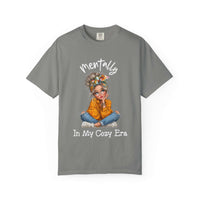 Gray Mentally in My Cozy Era T-shirt with graphic of a girl in glasses and orange sweater sitting cross-legged