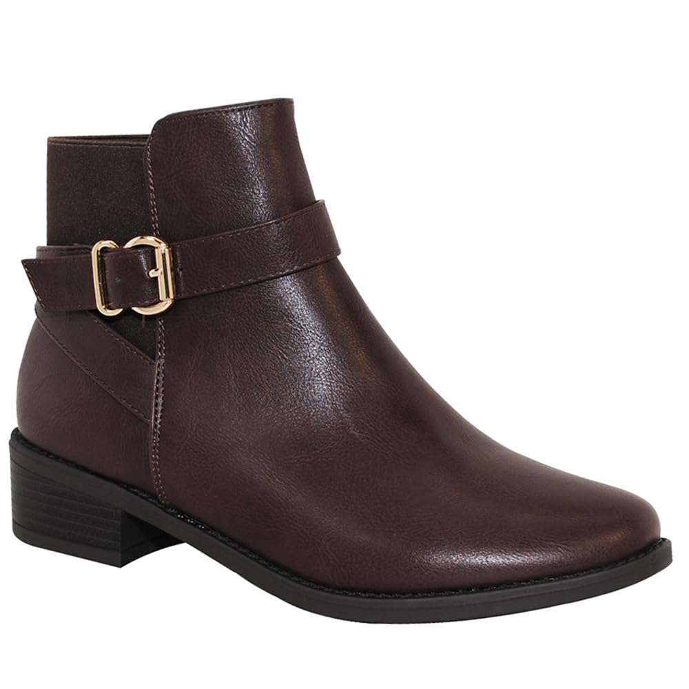 Elegant brown low heel ankle boots for women with buckle strap and rounded toe