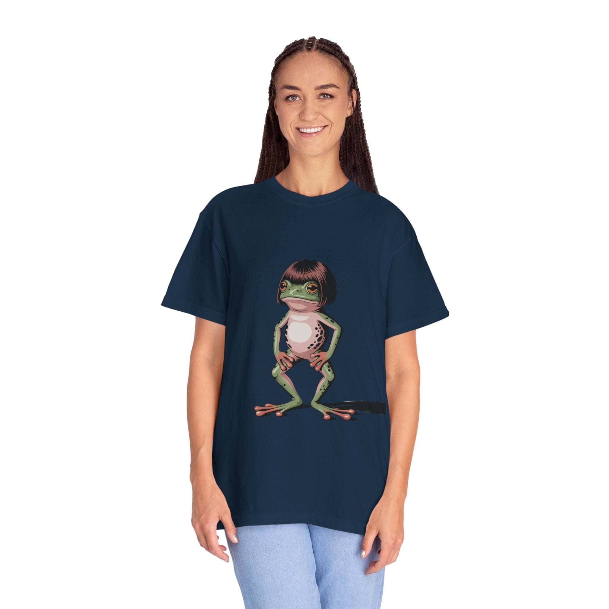 Woman wearing navy Frog with Bob Haircut Meme T-Shirt with a playful frog illustration and relaxed fit