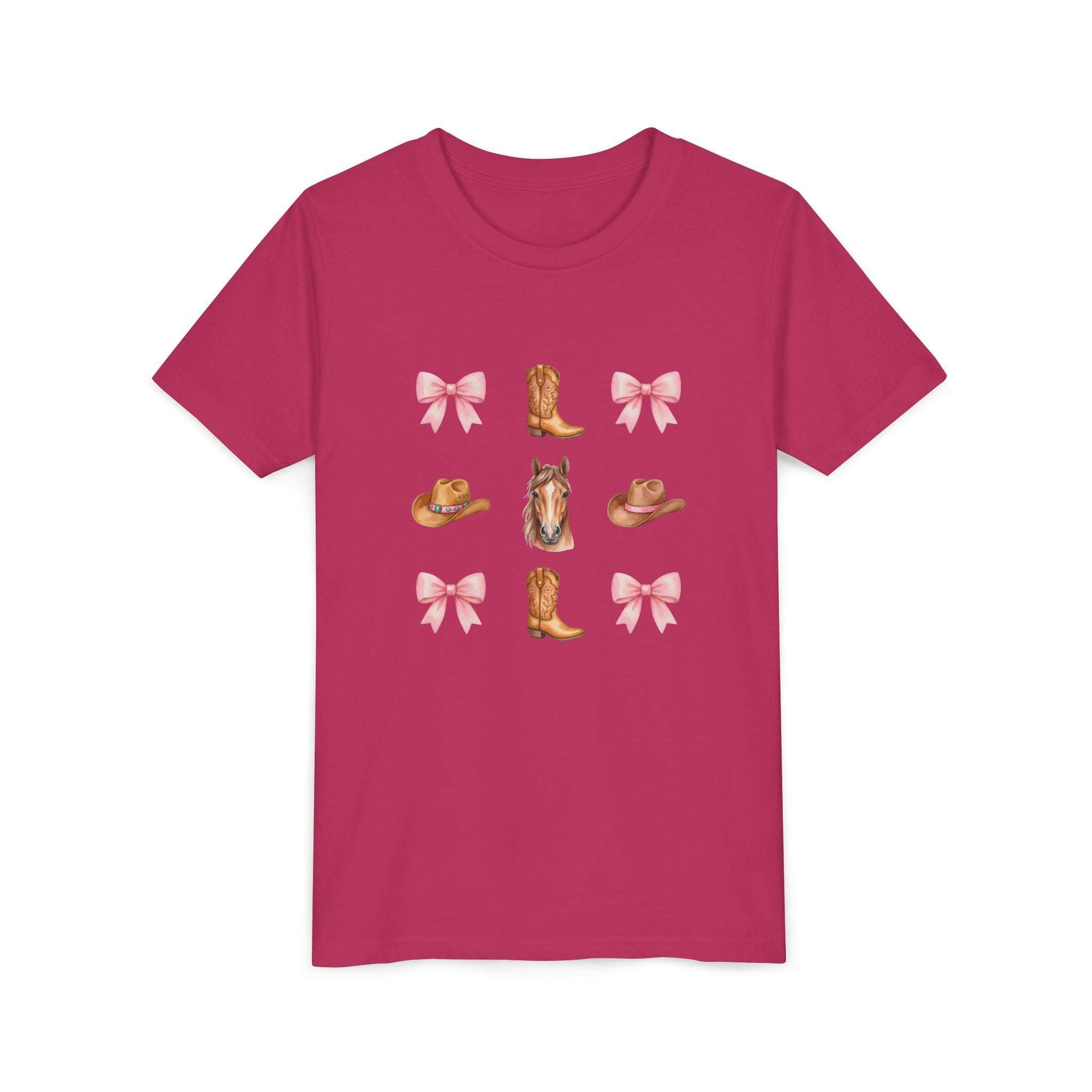 Cowboy Horse & Boots Coquette Bow Pattern Youth Tee | Pink Bows, Western Hat, Rodeo Kids Shirt