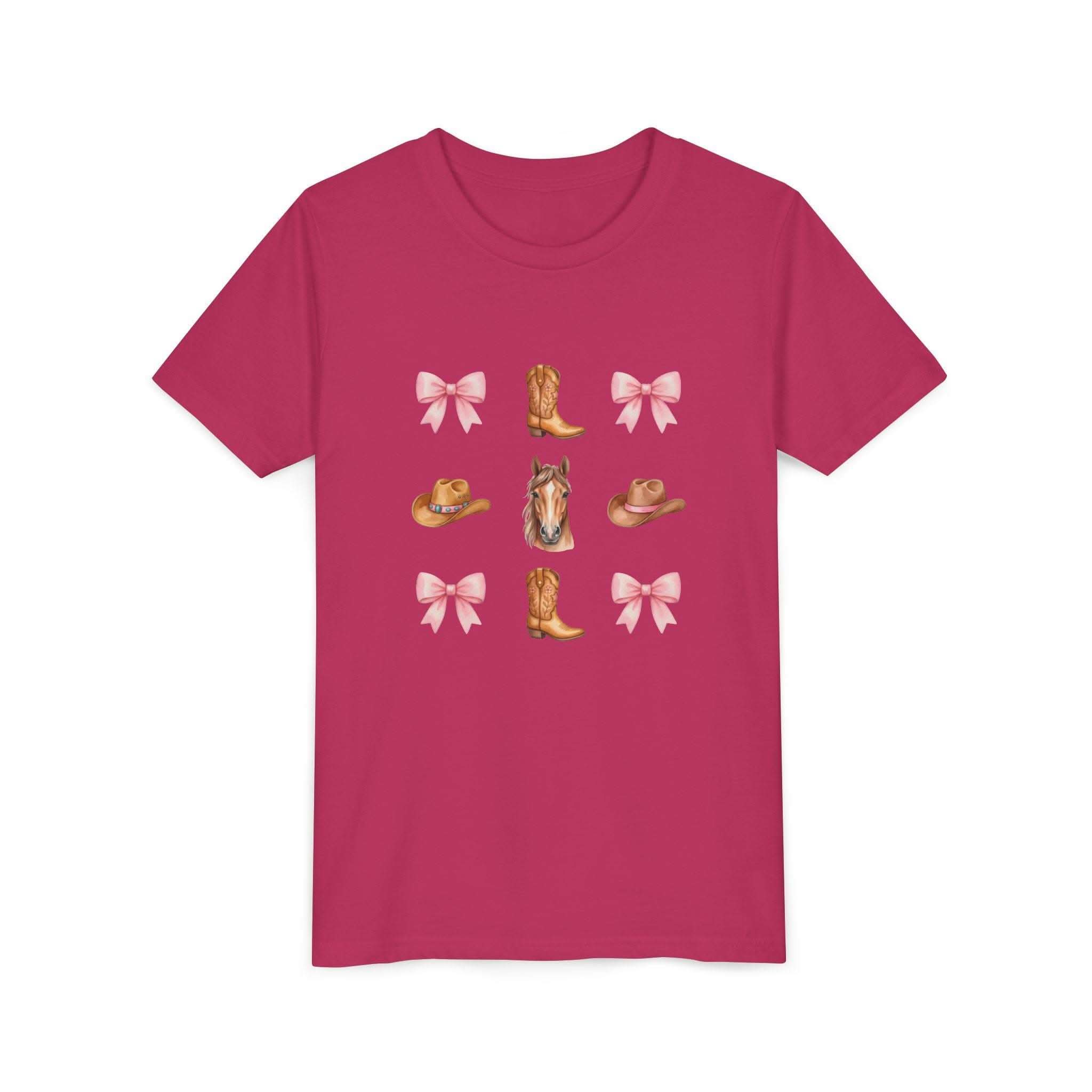 Cowboy Horse & Boots Coquette Bow Pattern Youth Tee | Pink Bows, Western Hat, Rodeo Kids Shirt