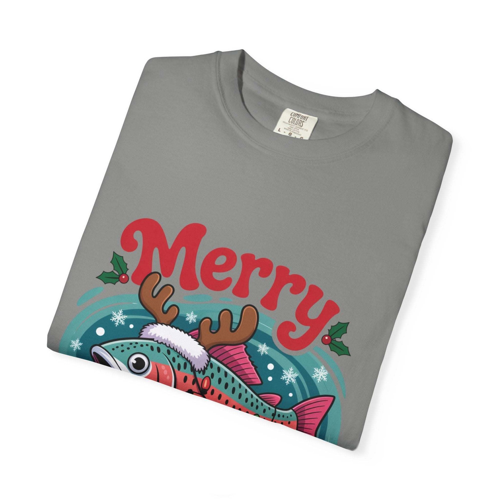 True Navy garment-dyed t-shirt featuring Merry Fishmas design for fishermen, by Printify