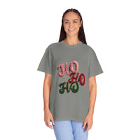 White Christmas graphic tee featuring faux puffy crochet 'Ho, Ho, Ho' design by Printify