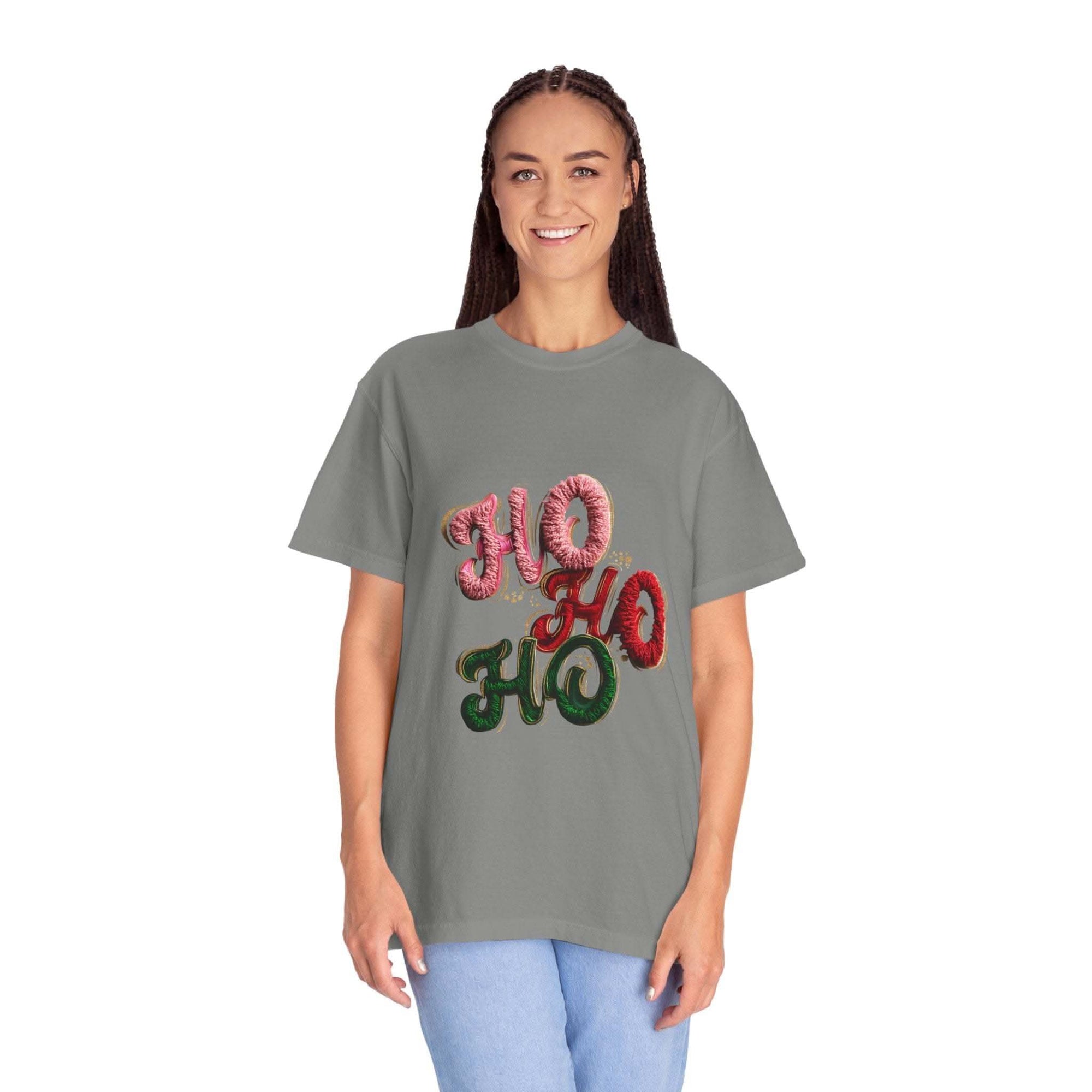 White Christmas graphic tee featuring faux puffy crochet 'Ho, Ho, Ho' design by Printify