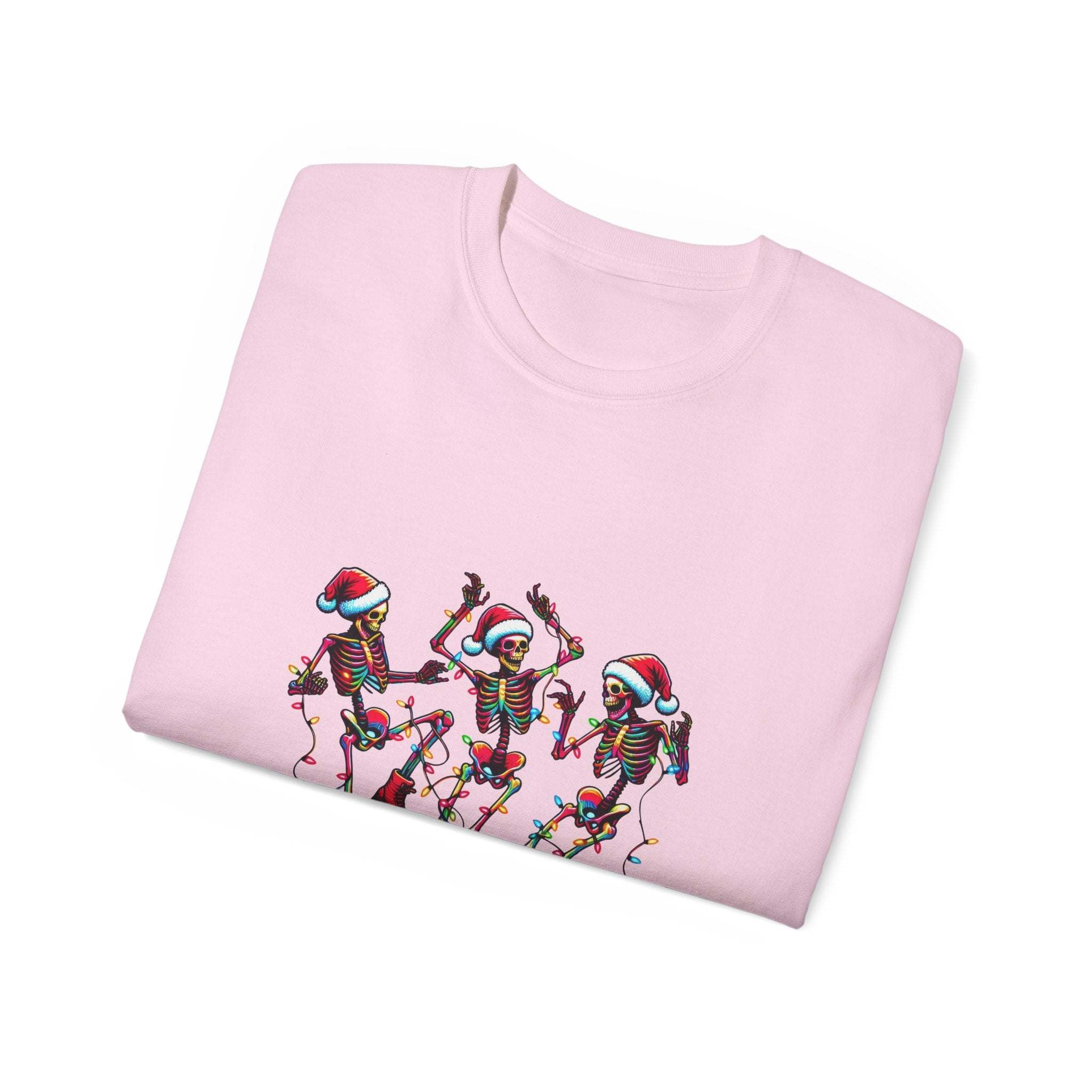 White Christmas Dancing Skeletons t-shirt by Printify, festive design perfect for holiday celebrations