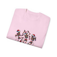 White Christmas Dancing Skeletons t-shirt by Printify, festive design perfect for holiday celebrations