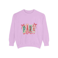 Preppy Christmas sweatshirt in Butter color, cozy fabric, featuring a festive design, by Printify