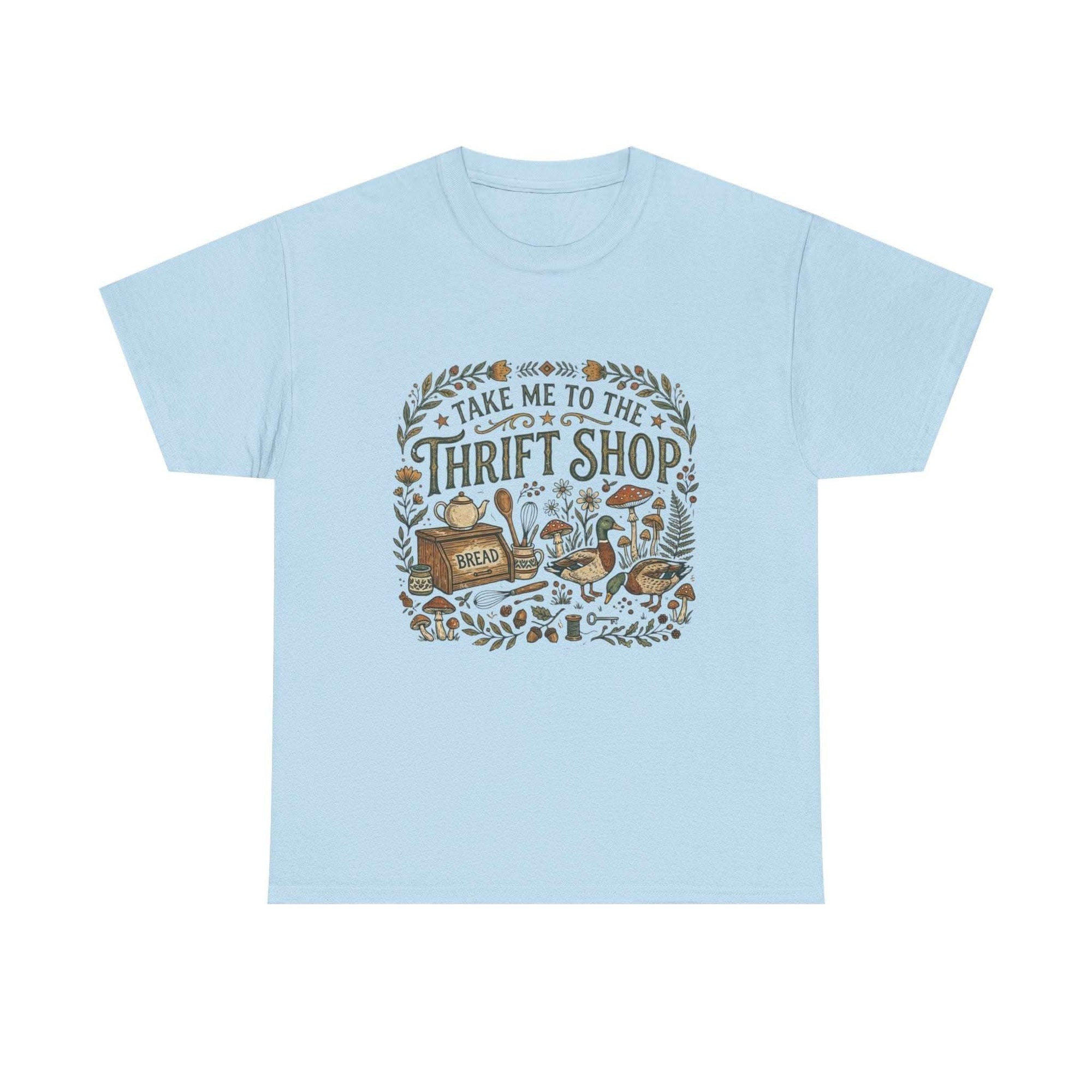 Vintage thrift shop t-shirt with botanicals, mushrooms, and flea market treasures illustration