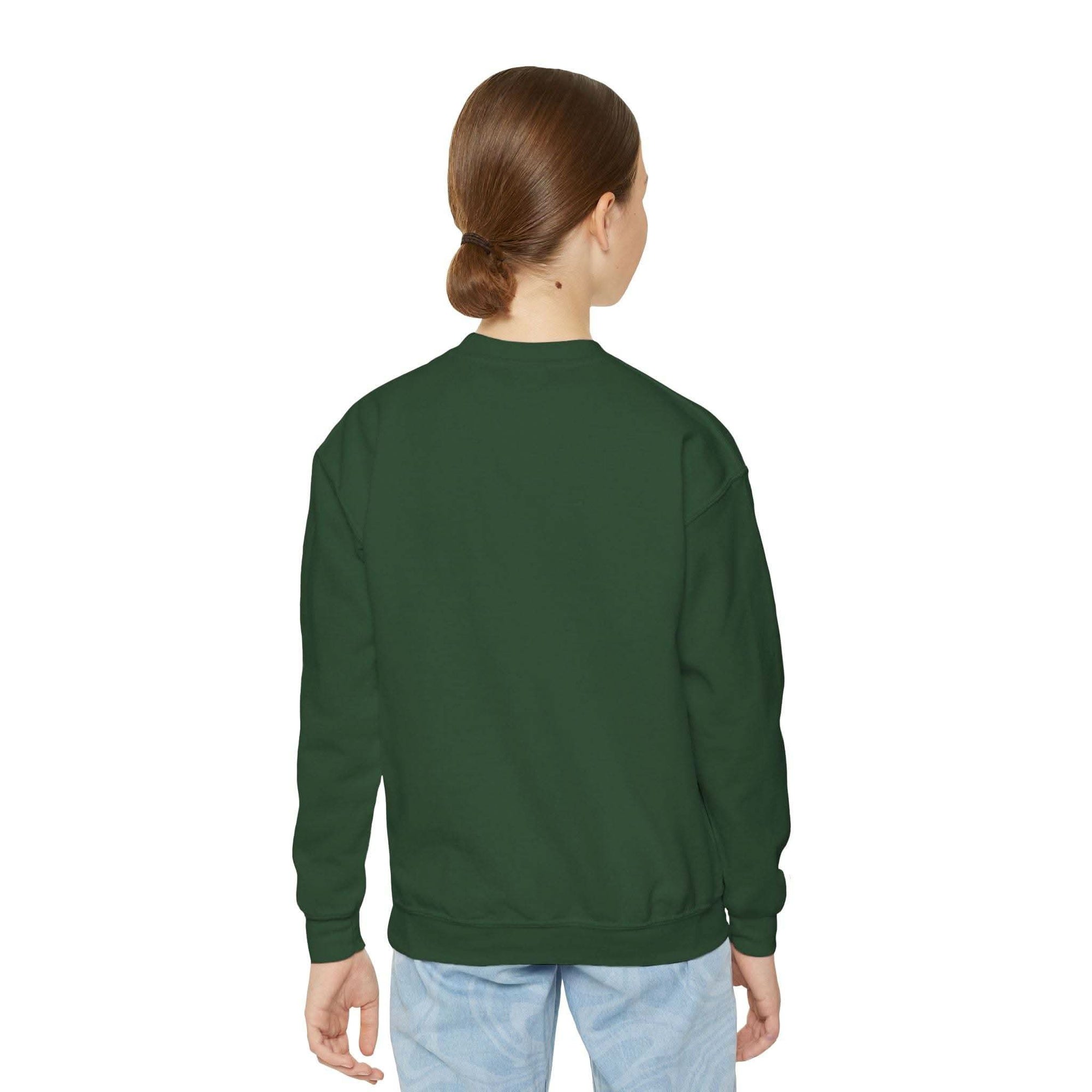 Youth crewneck sweatshirt back view in dark green, comfortable fit for kids.