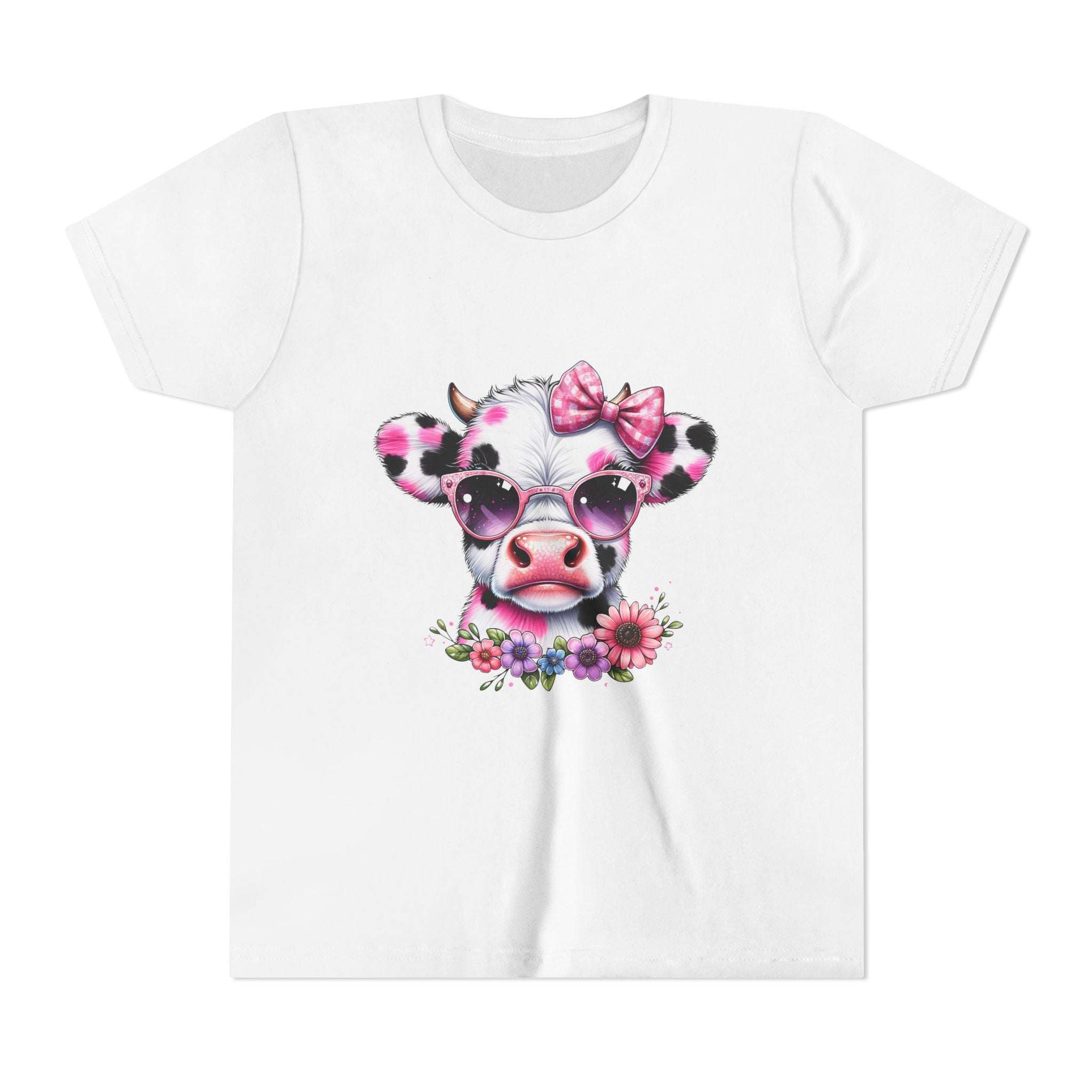 White youth tee with pink floral highland cow graphic wearing sunglasses and bow