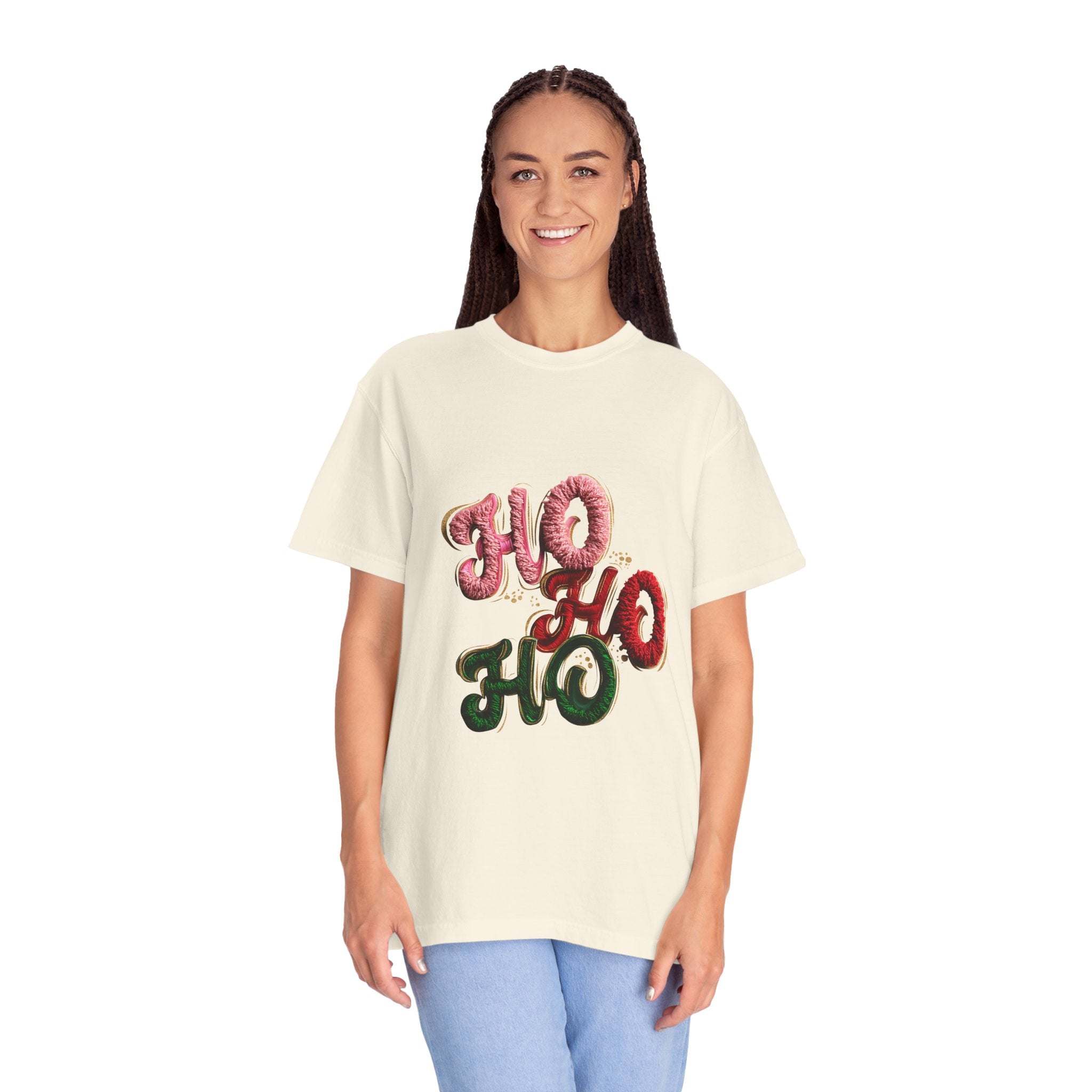 White Christmas graphic tee featuring faux puffy crochet 'Ho, Ho, Ho' design by Printify