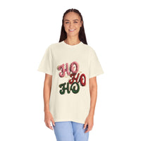 White Christmas graphic tee featuring faux puffy crochet 'Ho, Ho, Ho' design by Printify