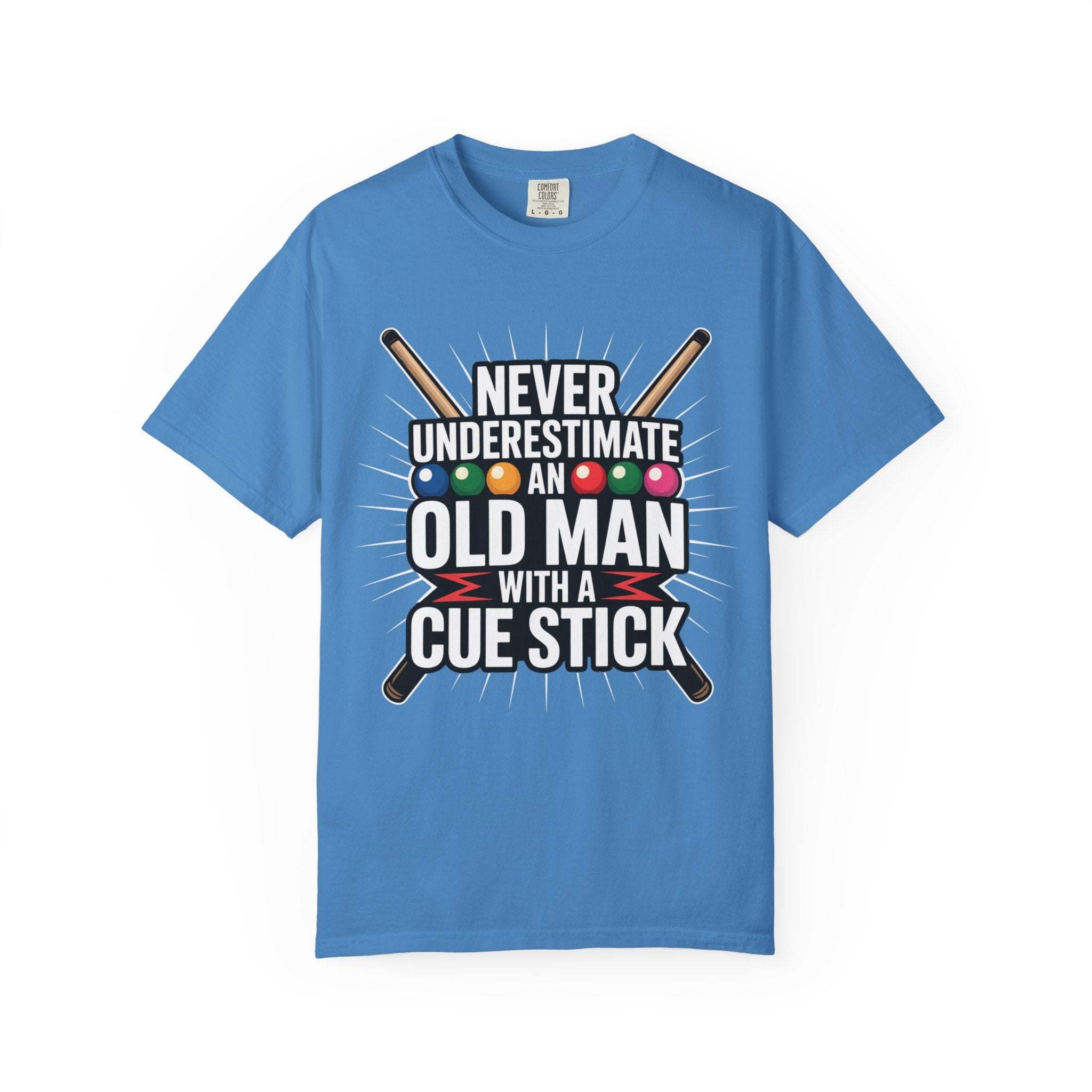 Blue t-shirt with pool cue and ball design on a white background