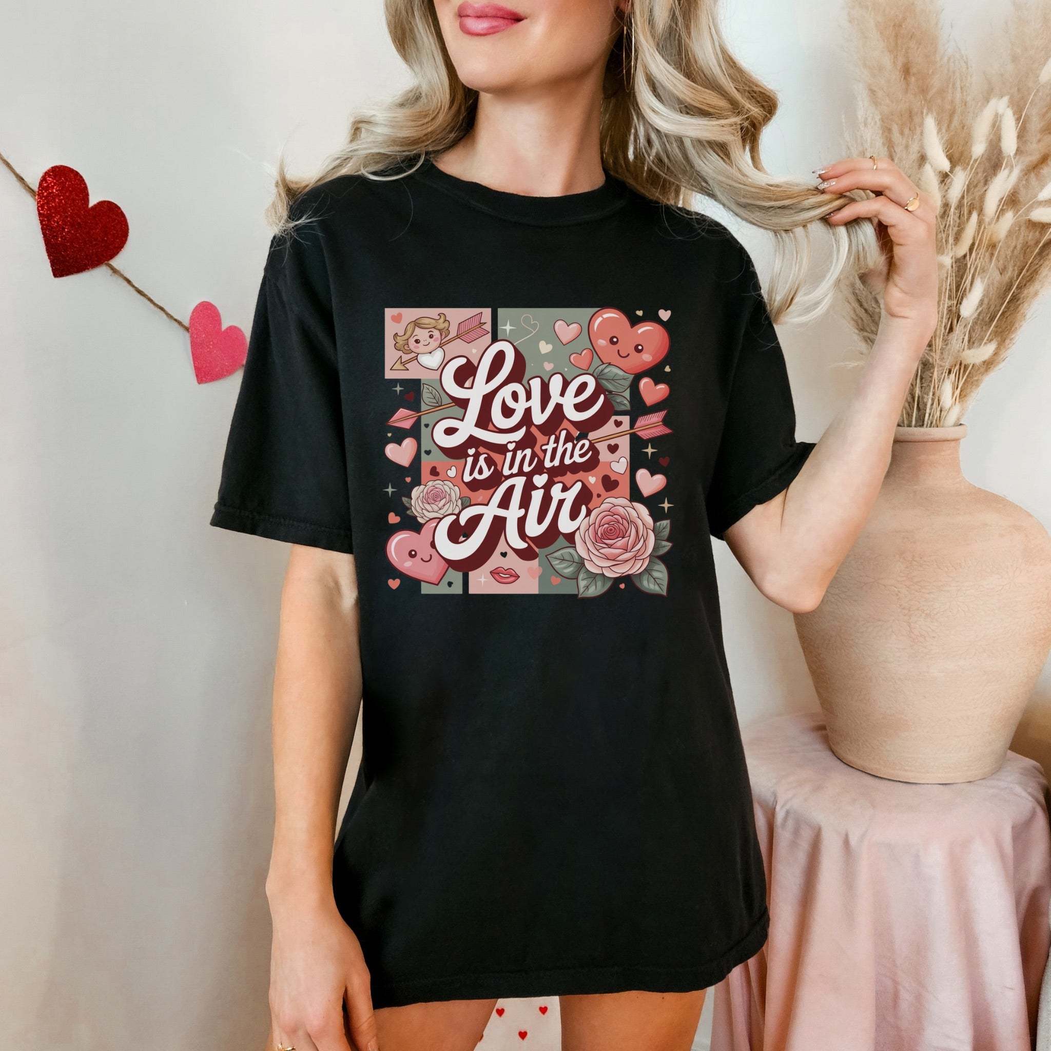 Valentine's Love Is in the Air T-shirt with vintage heart collage on soft garment-dyed fabric