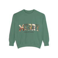 White vintage varsity Merry Christmas sweatshirt by Printify in sizes S, M, and L