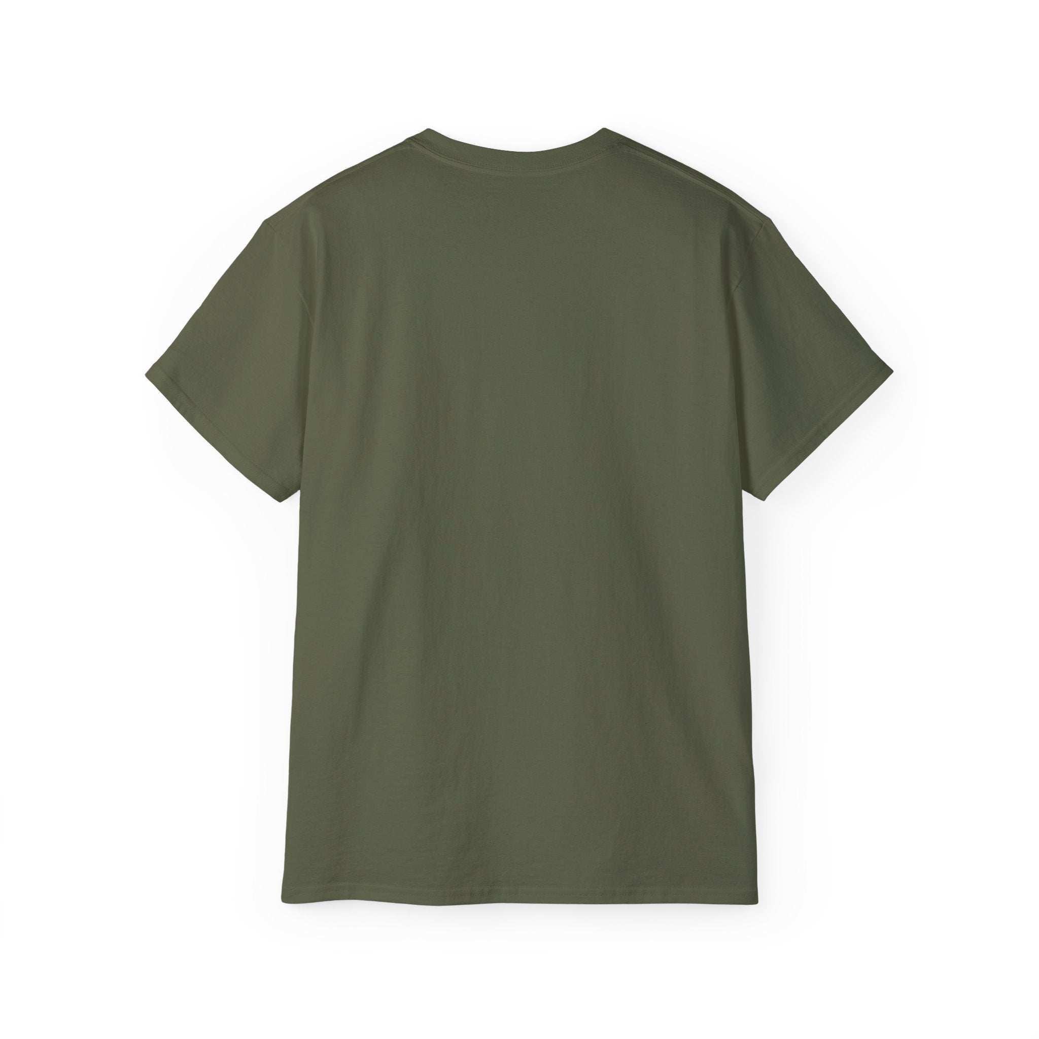 olive green unisex veteran tee shirt with classic fit and medium fabric weight shown from back
