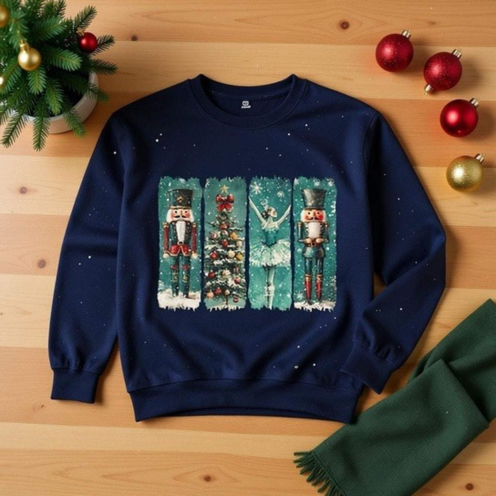 Vintage Christmas Nutcracker navy sweatshirt with watercolor nutcracker and tree design on wooden background with holiday ornaments