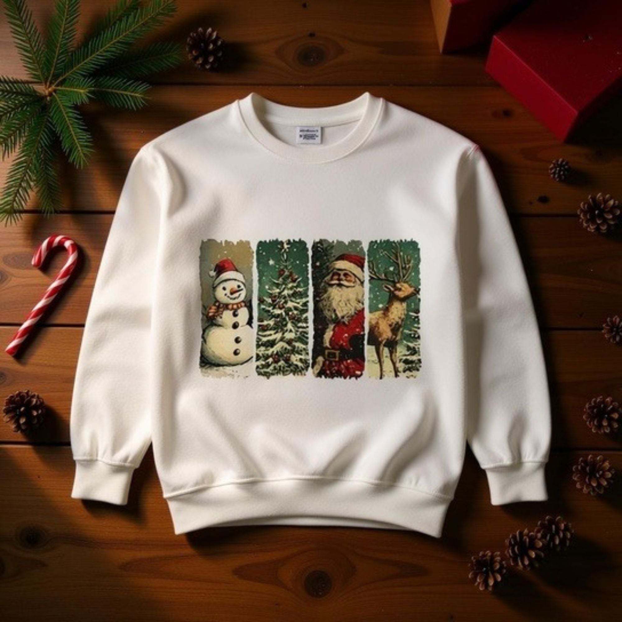 Vintage Christmas sweatshirt with watercolor swatches of snowman, Christmas tree, Santa, and reindeer on white fabric