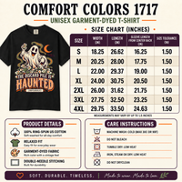 Comfort Colors 1717 unisex T-shirt size chart for sizes S–4XL, showing width, length and sleeve measurements in inches, care instructions and a black ghost mahjong tee.