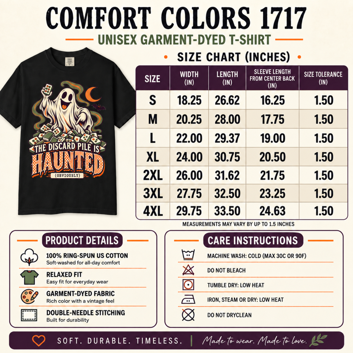 Comfort Colors 1717 unisex T-shirt size chart for sizes S–4XL, showing width, length and sleeve measurements in inches, care instructions and a black ghost mahjong tee.