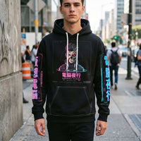 Cyberpunk anime hoodie with neon Tokyo alley and holographic signs all-over print