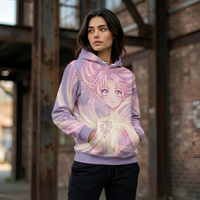Anime hoodie featuring all-over print with dreamy clouds and magical girl design, perfect kawaii anime sweater for gamers and soft girl style