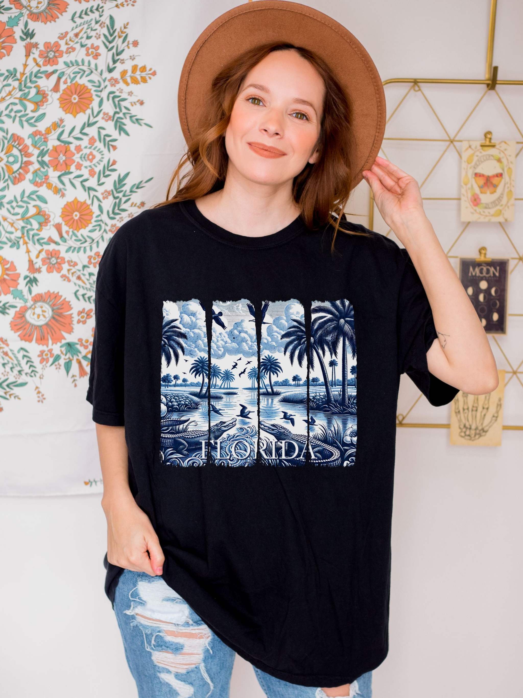Blue Chinoise Brushstroke T-Shirt with soft blue chinoiserie brushwork on garment-dyed cotton tee