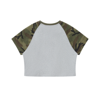 Women’s camo raglan crop t-shirt with contrast sleeves and round neckline for casual streetwear