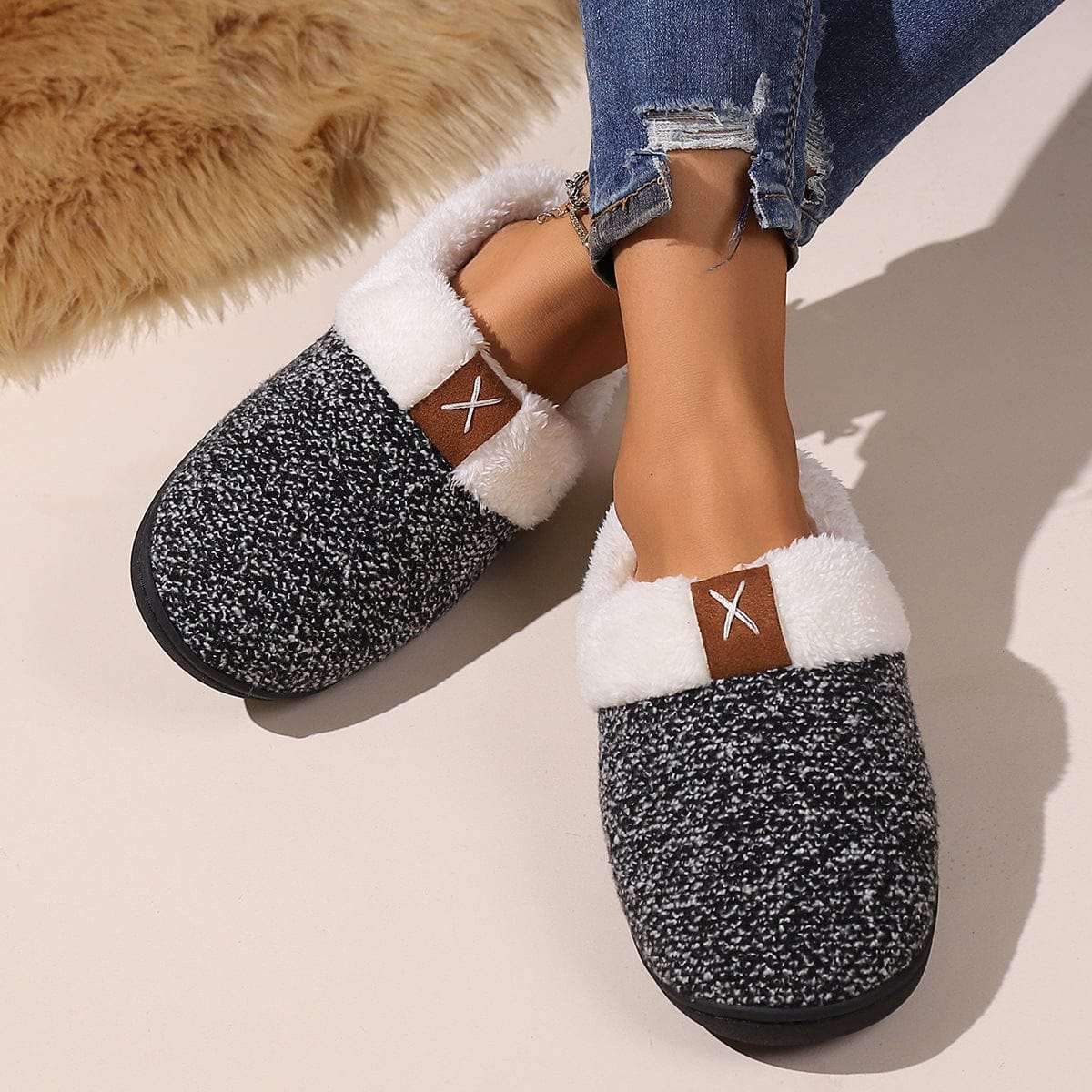 Winter plush slippers with cartoon pattern in burgundy, black, and light gray colors, unisex and warm with anti-slip soles.