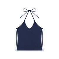 Slim fit Women’s Color Block Halter Crop Tank Top with V-neck and backless tie in soft cotton-spandex fabric