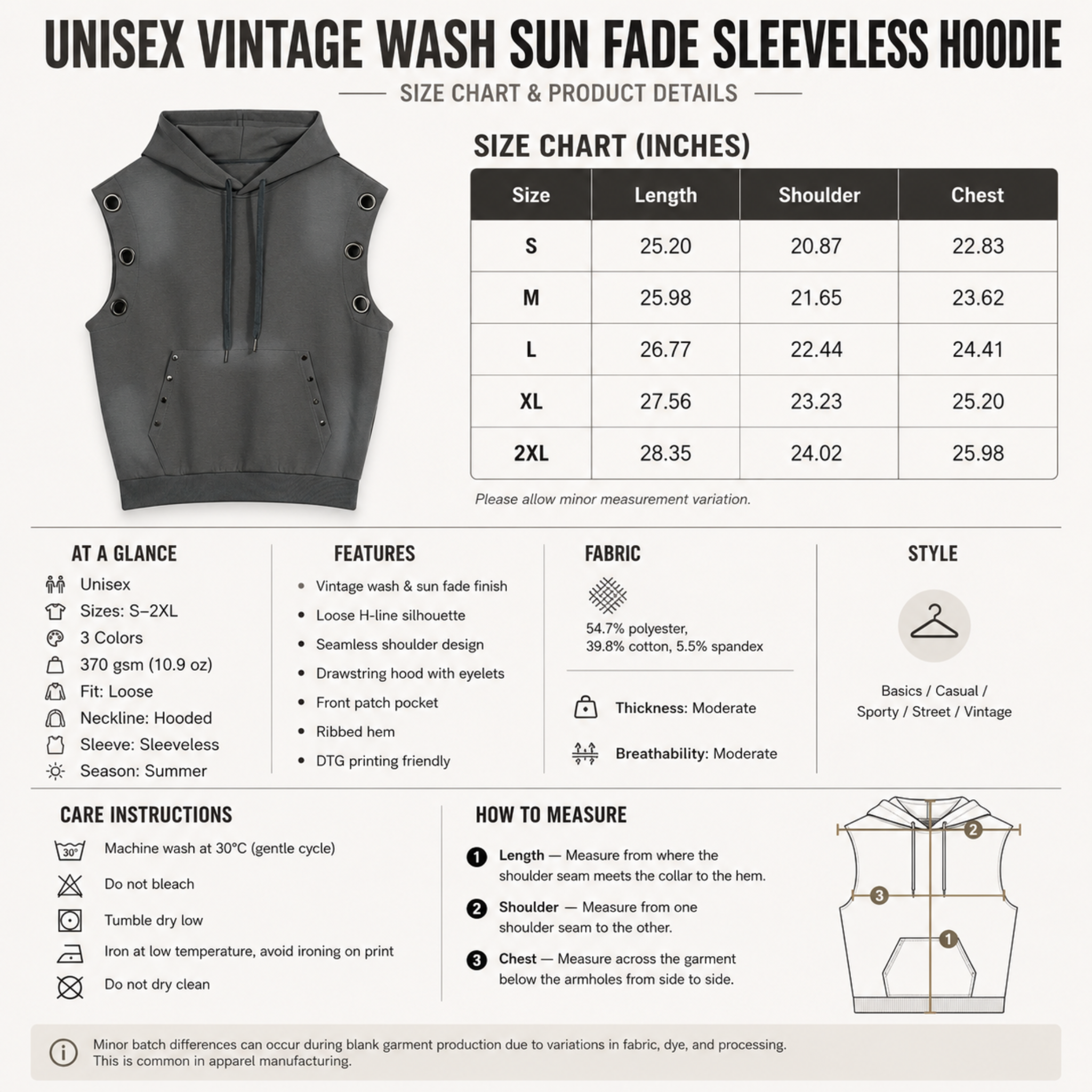 Unisex Vintage Wash Sun Fade Sleeveless Hoodie