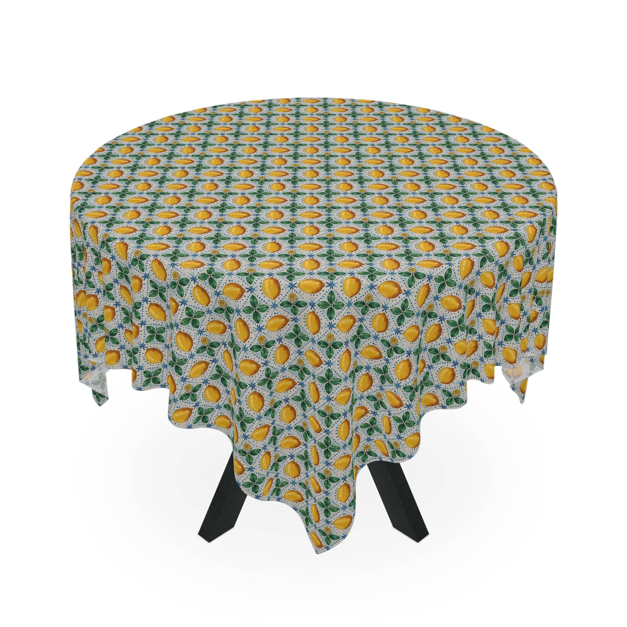 Mediterranean Lemon tablecloth with vibrant lemon pattern on round table, lightweight polyester fabric