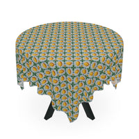 Mediterranean Lemon tablecloth with vibrant lemon pattern on round table, lightweight polyester fabric