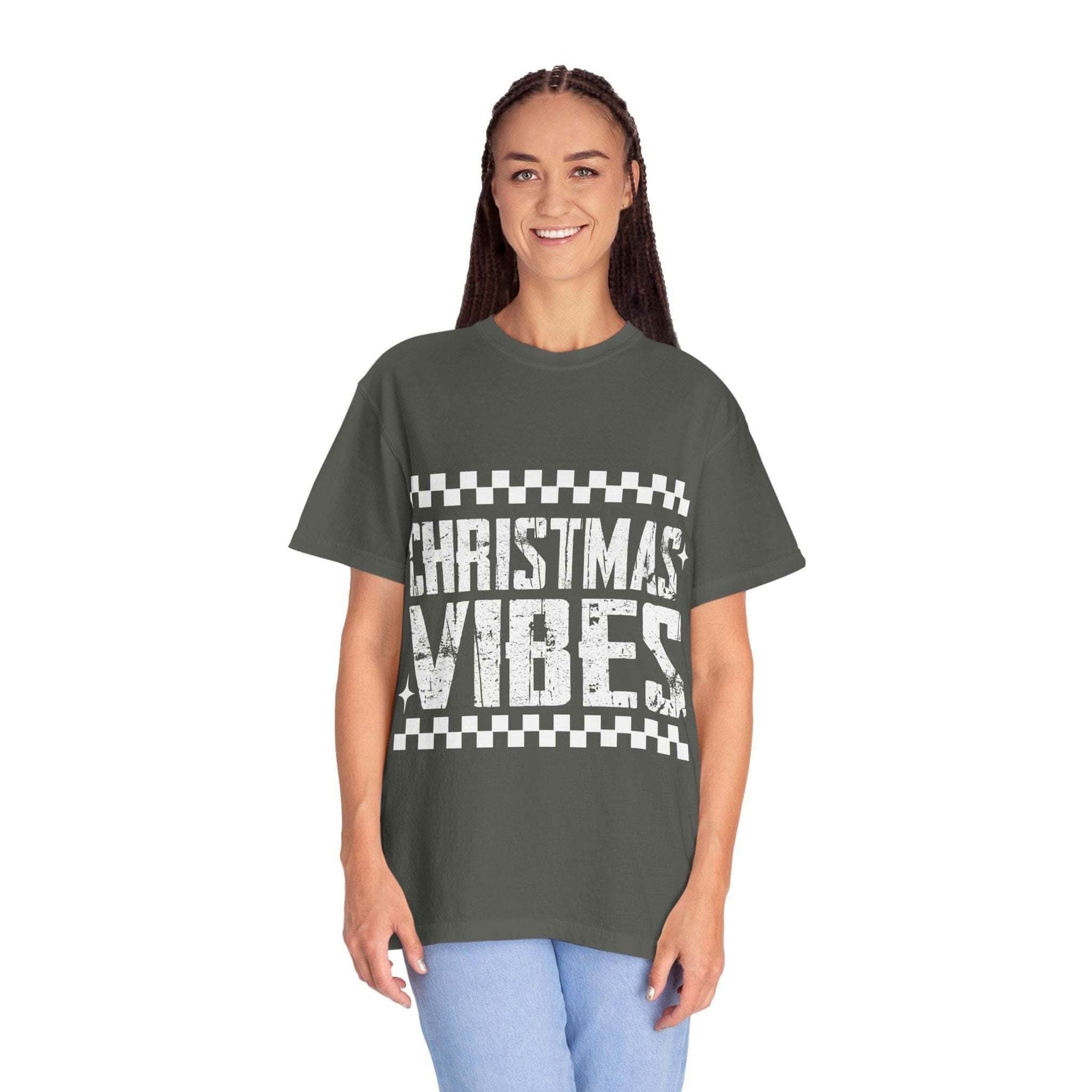 Distressed Christmas Vibes T-shirt with faded holiday graphics and soft garment-dyed fabric for a vintage, cozy look