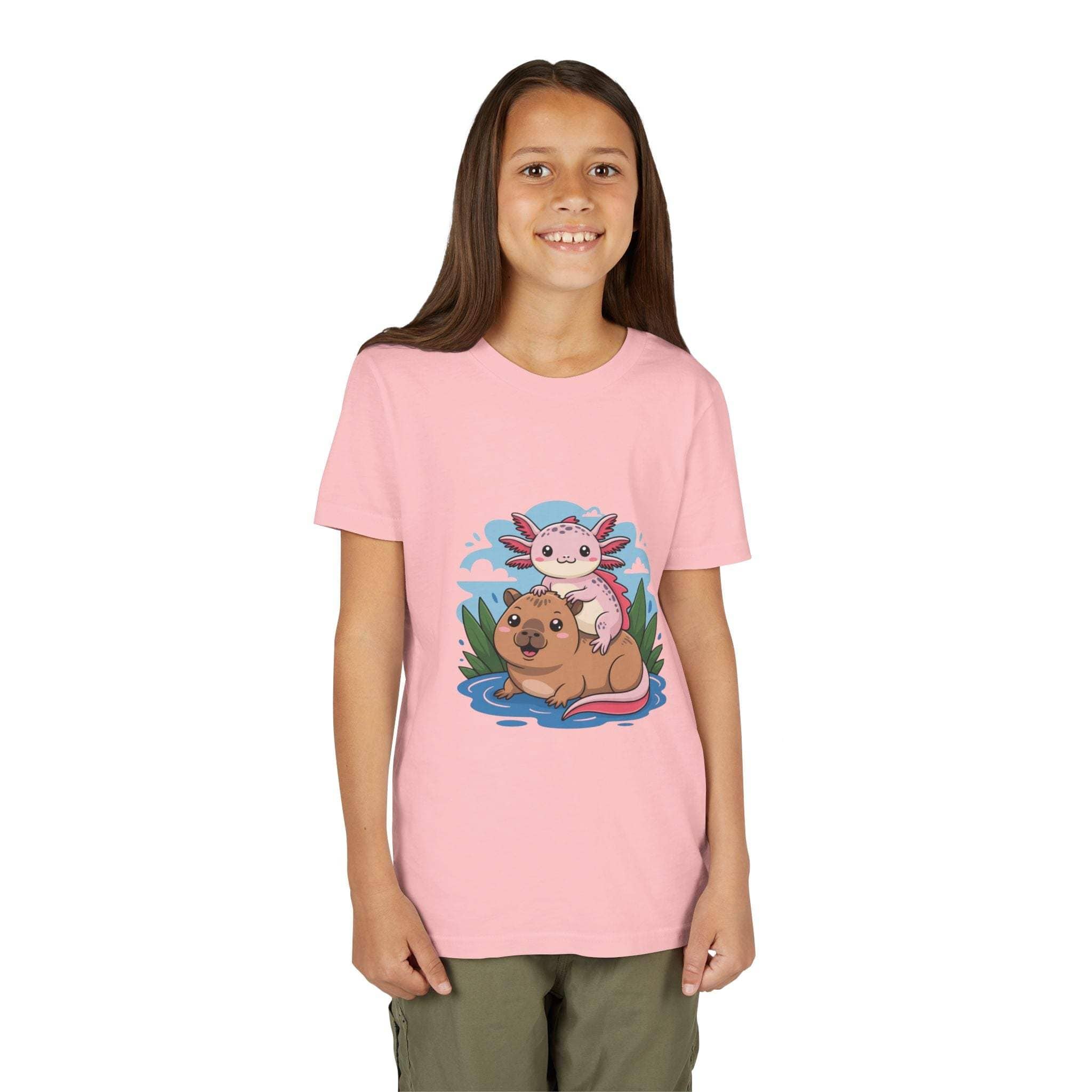 Youth tee with axolotl on capybara design, soft breathable cotton, relaxed fit for kids