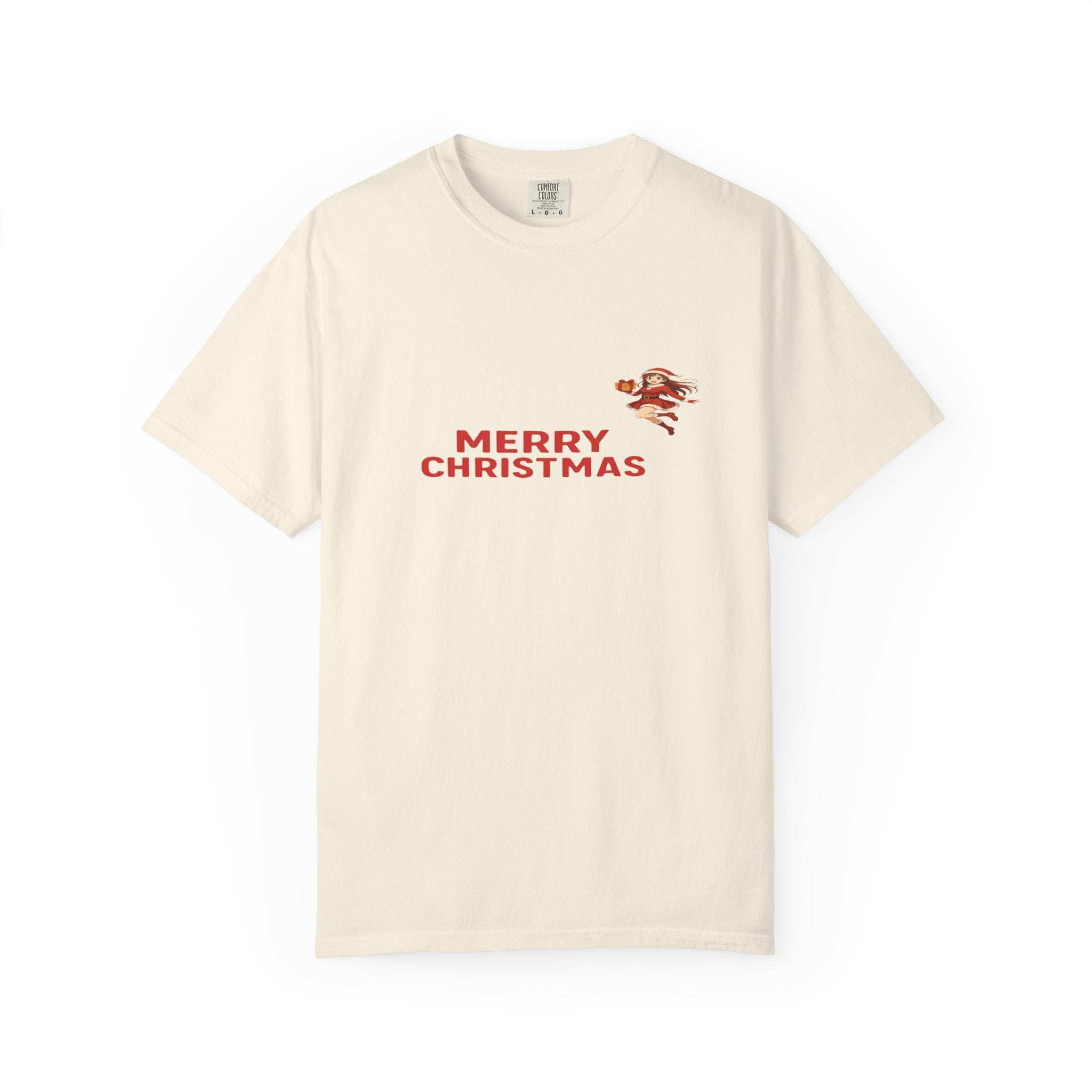 Unisex black Anime Christmas Santa T-shirt with festive design and short sleeves