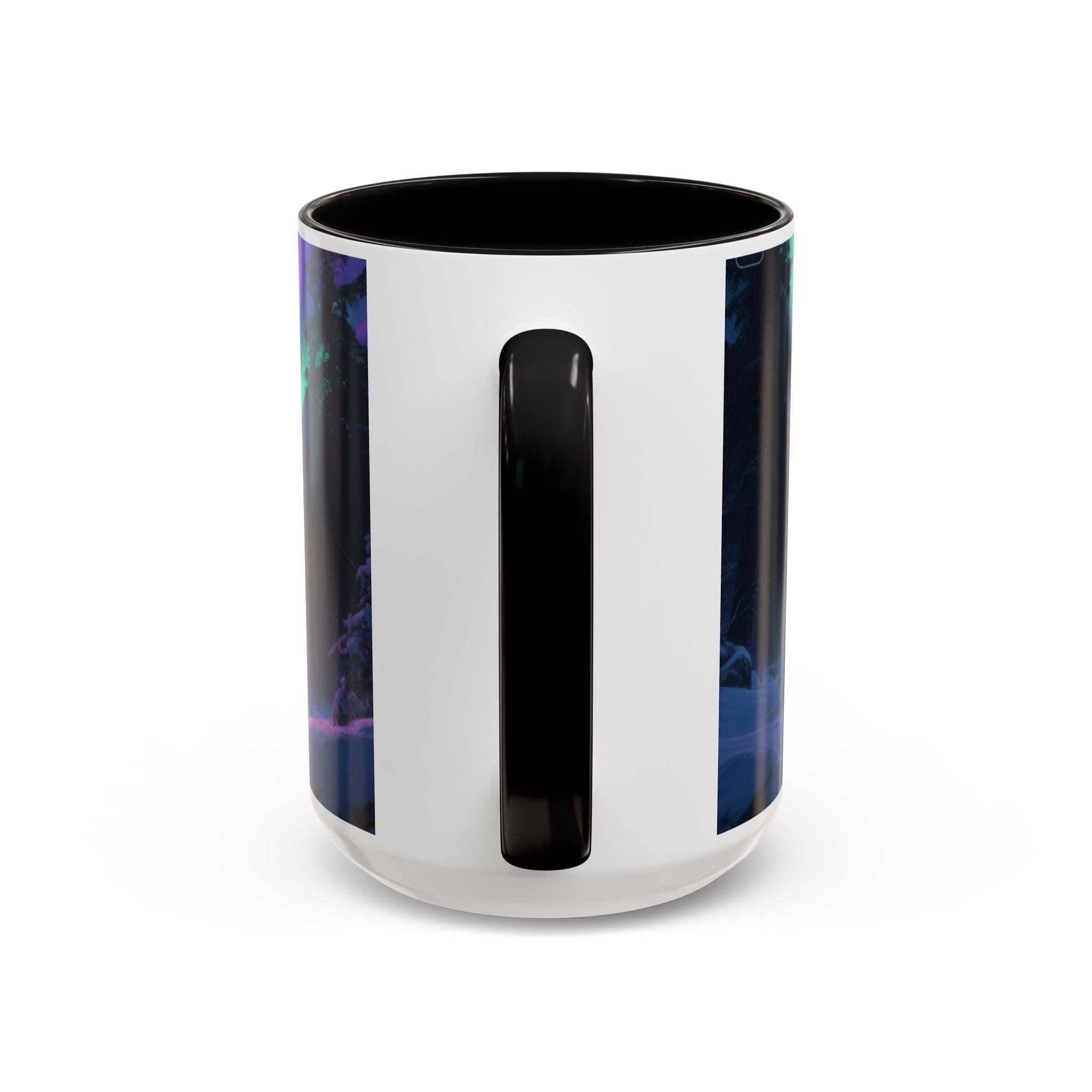 Ceramic mug with black handle and northern lights wolf design inside black rim