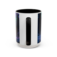 Ceramic mug with black handle and northern lights wolf design inside black rim