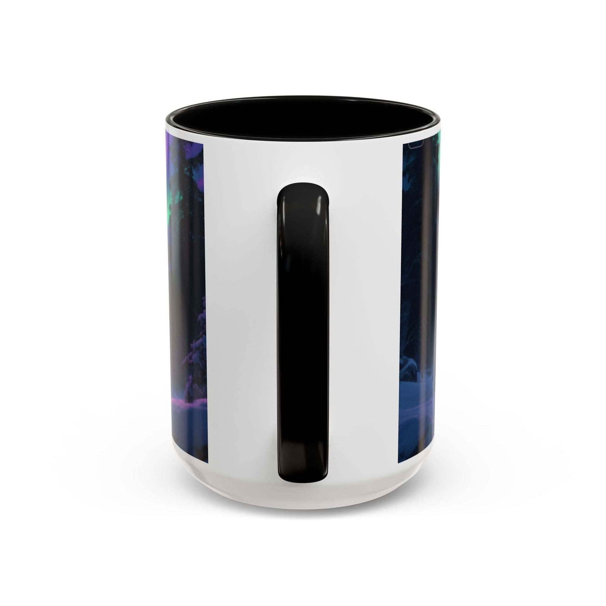 Ceramic mug with black handle and northern lights wolf design inside black rim