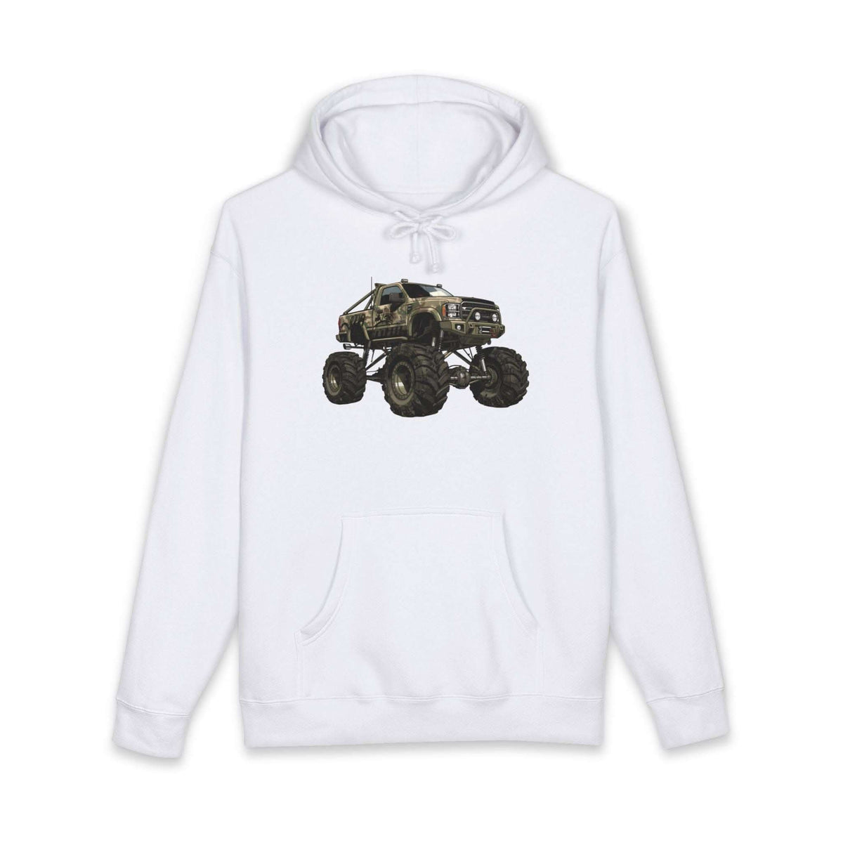 American Flag Monster Truck hoodie with camouflage truck graphic and distressed flag design