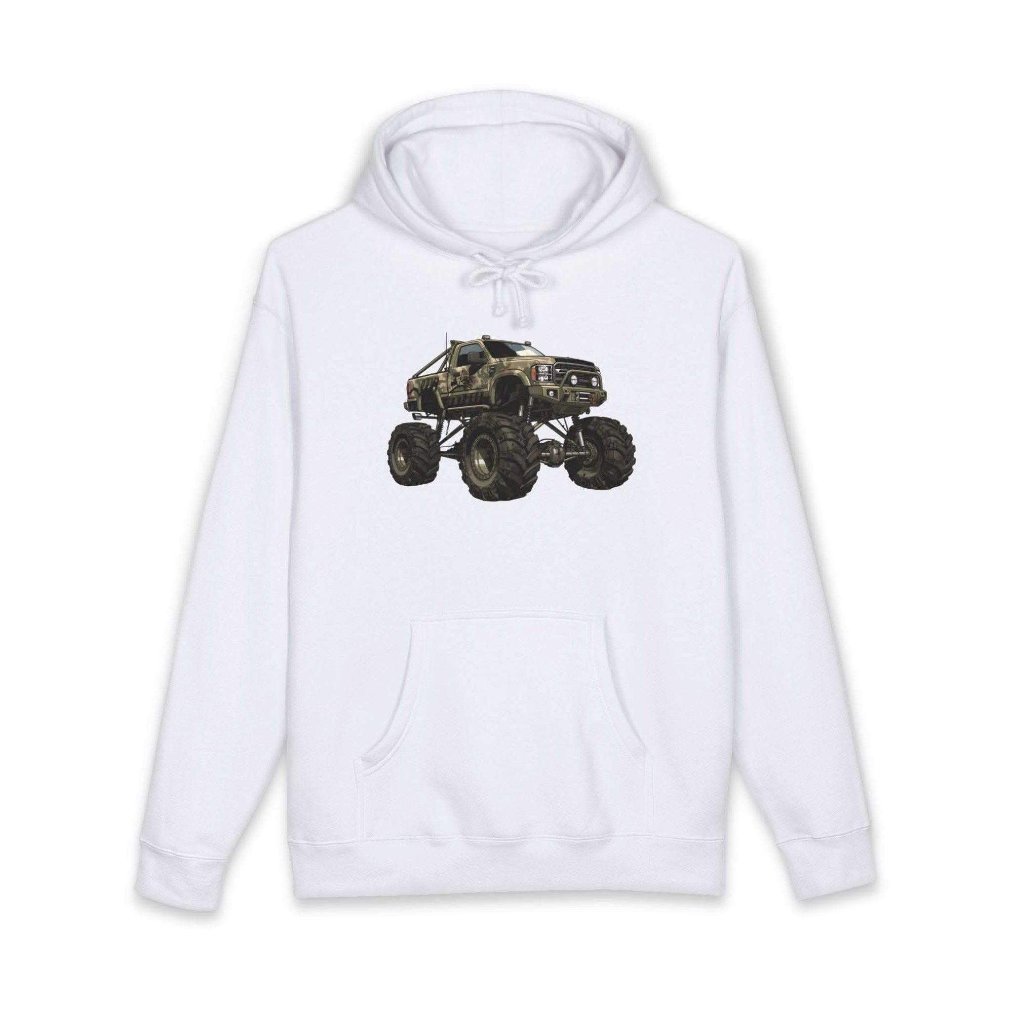 American Flag Monster Truck hoodie with camouflage truck graphic and distressed flag design