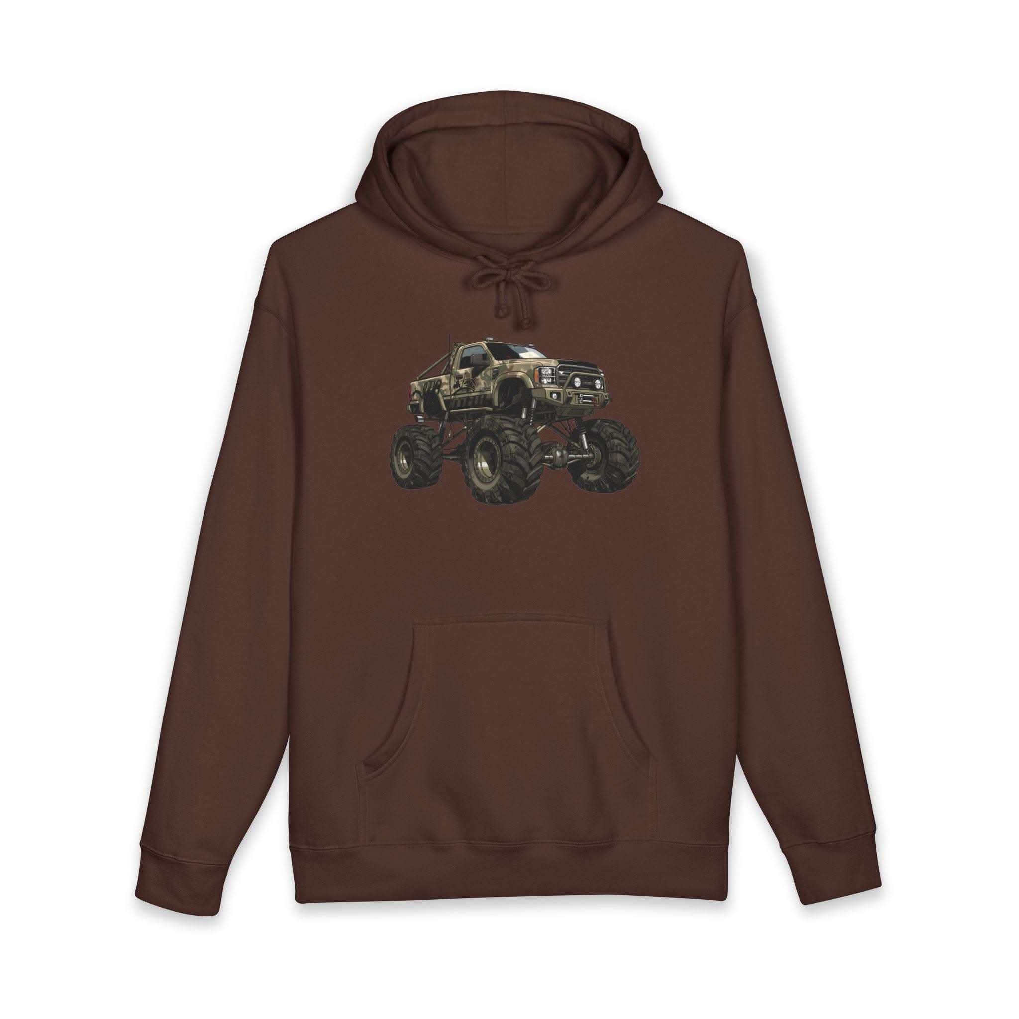 American Flag Monster Truck hoodie with camouflage design and distressed flag background
