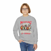 Navy youth crewneck sweatshirt featuring 'Making a List Chicken it Twice' graphic by Printify