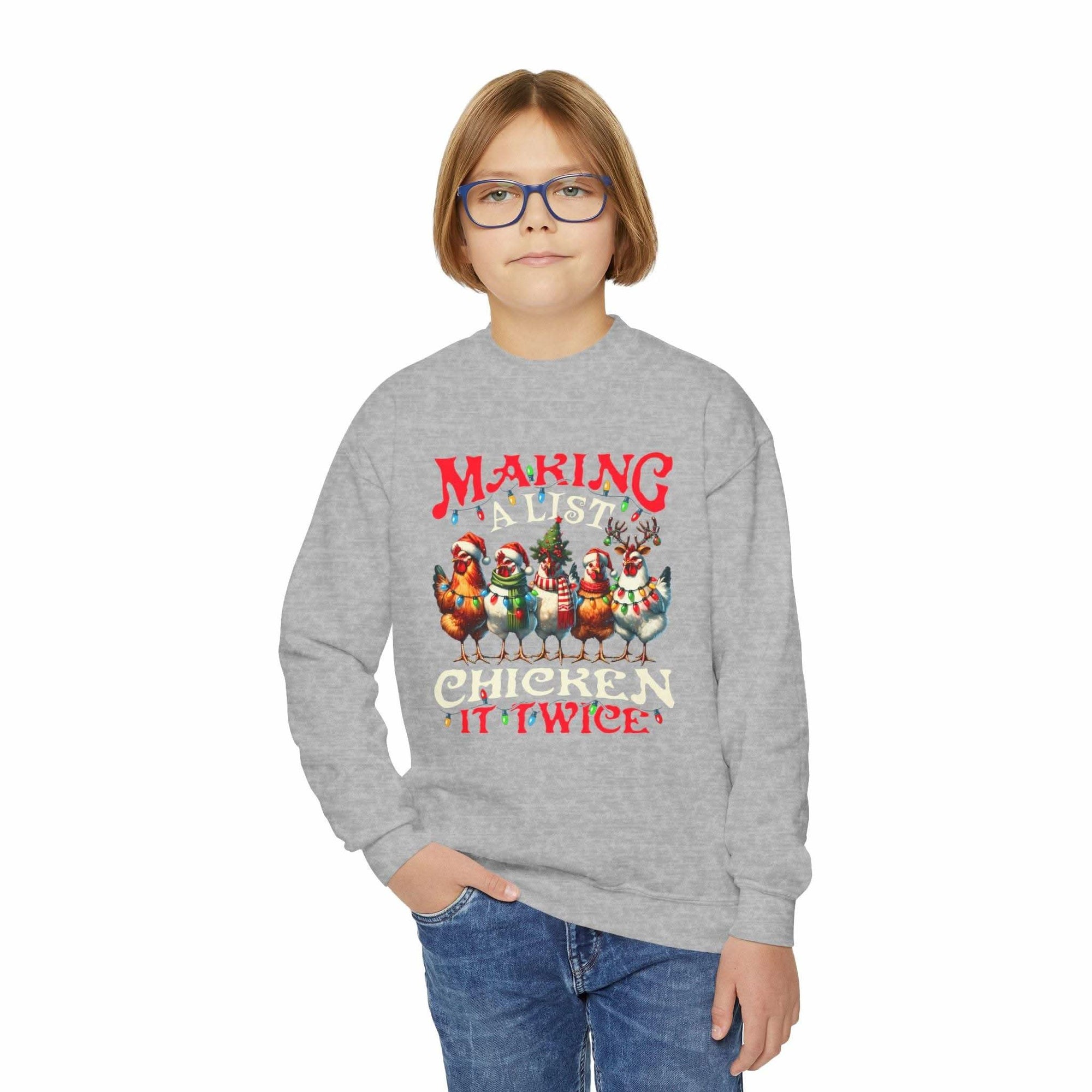 Navy youth crewneck sweatshirt featuring 'Making a List Chicken it Twice' graphic by Printify