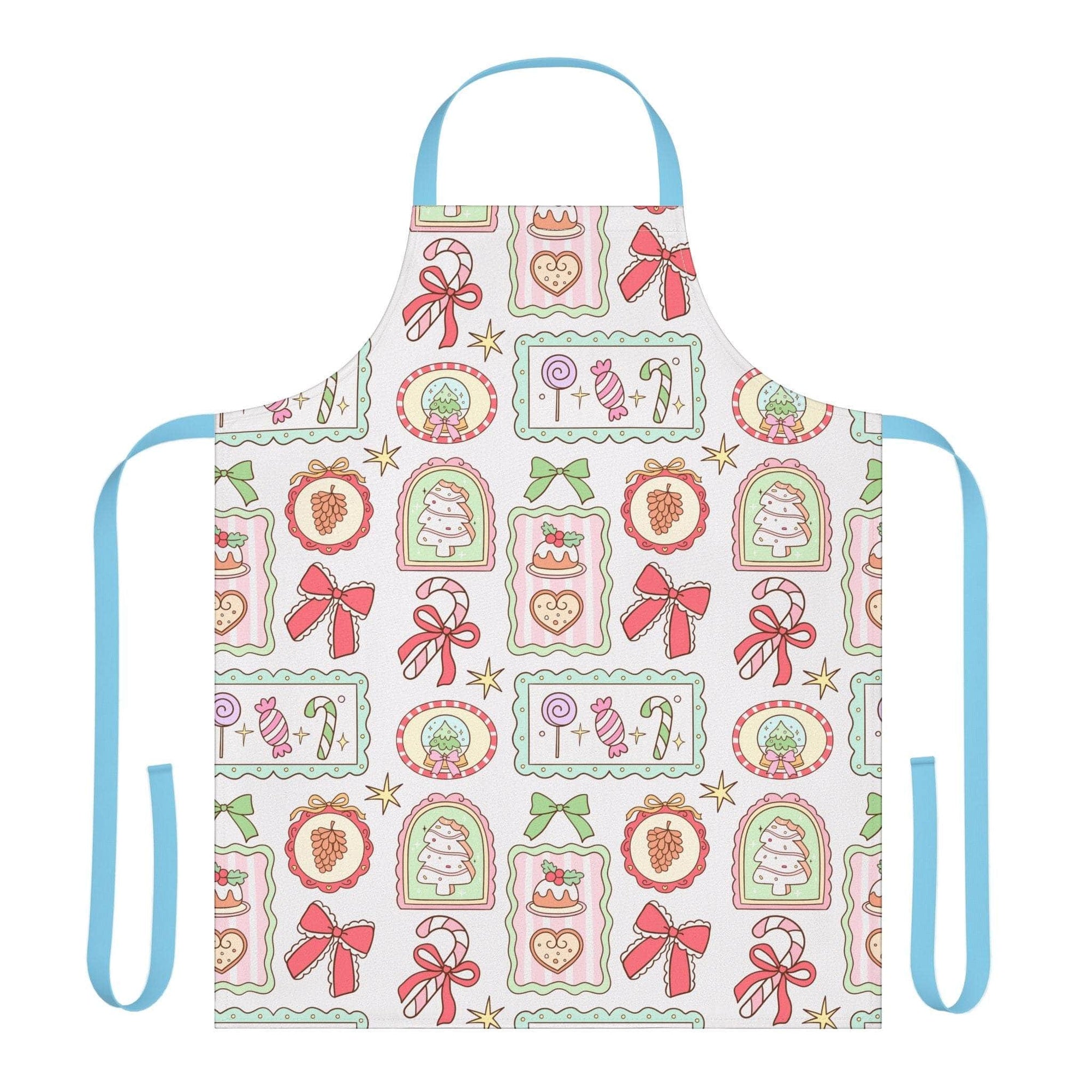Retro Christmas Frames apron with festive bows and holiday cookie designs, soft polyester, blue straps