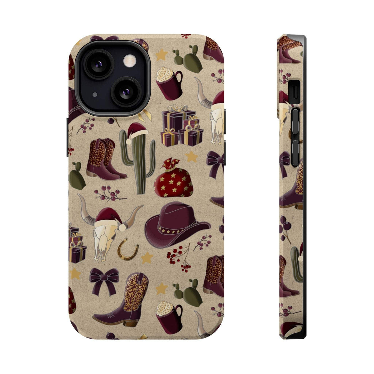 Cowboy Christmas design phone case for iPhone 17 in glossy finish by Printify, featuring festive colors and patterns.