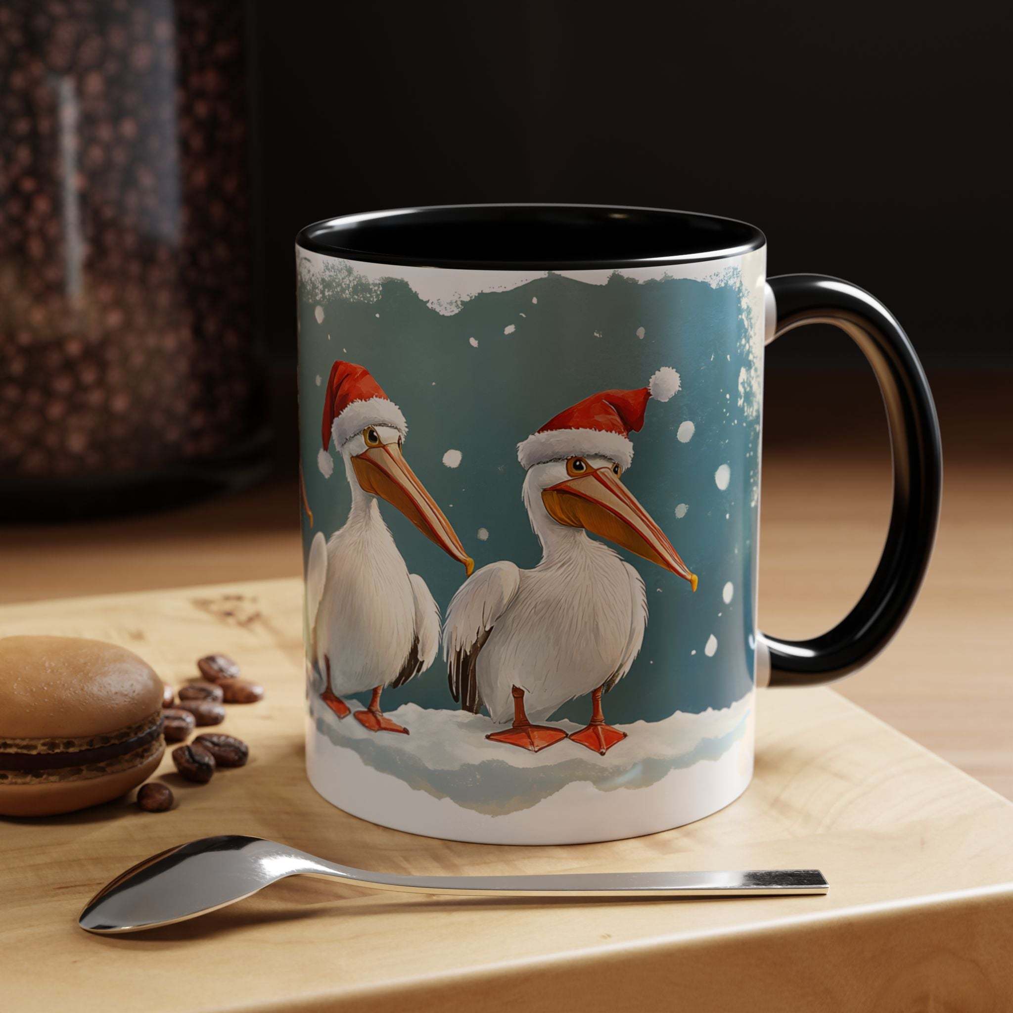 Santa Pelican Snow Scene ceramic coffee mug with festive pelicans wearing Santa hats on snowy coastal background, black handle and interior