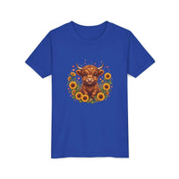 Youth tee featuring Highland Cow with Sunflowers design on soft cotton fabric